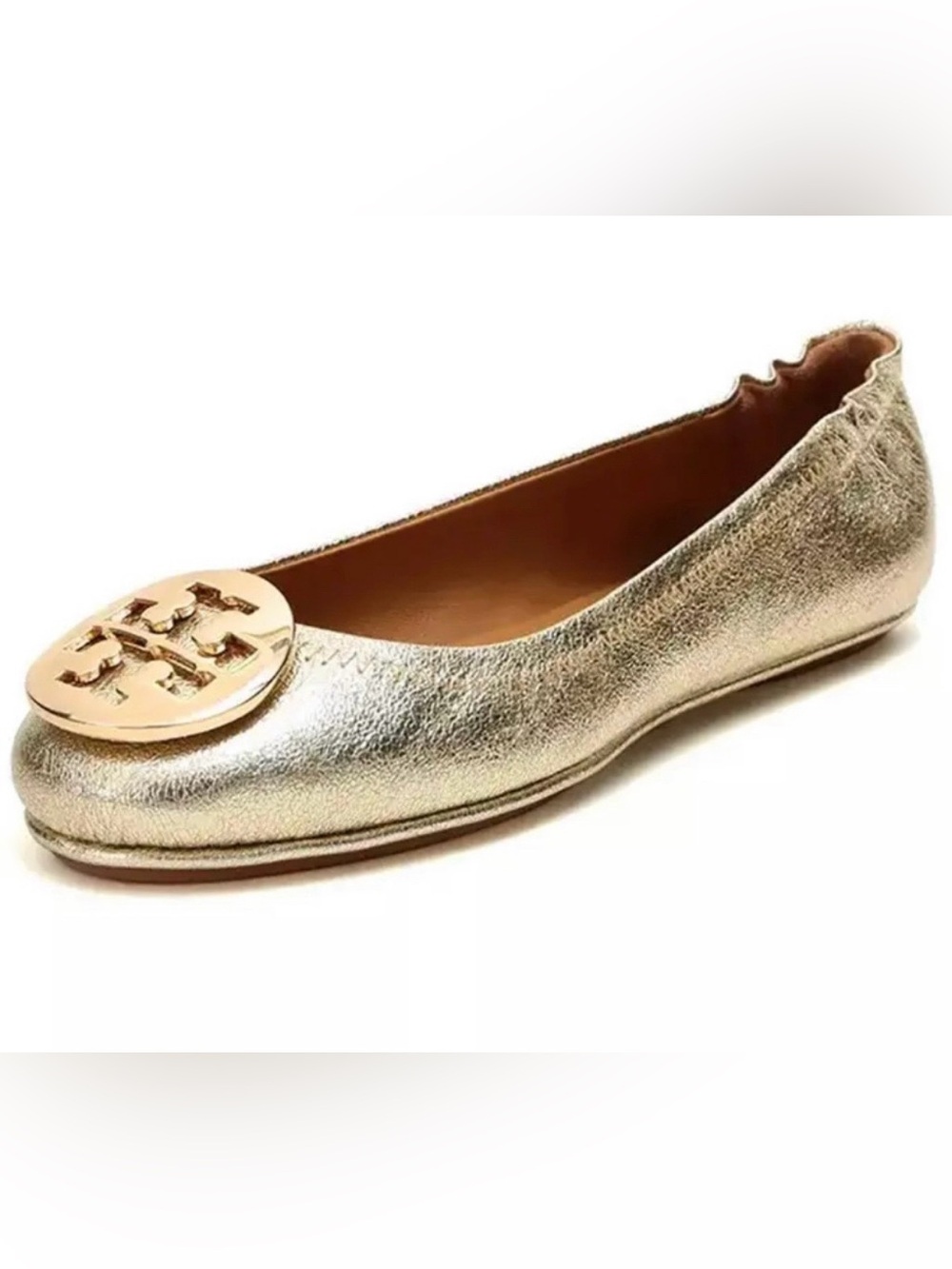 Tory Burch Gold Leather Ballet Flats with Gold Logo Medallion